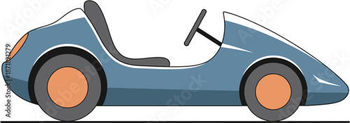 Dynamic blue go-kart illustration showcasing a sleek, open-top recreational vehicle with vibrant orange wheels, embodying speed and competitive fun on the track