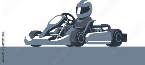 A person wearing a helmet driving a go-kart on a track, with a minimalist flat design style