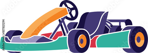 Vibrant graphic illustration of a recreational go-kart, perfect for conveying the thrill of speed, competitive racing, and active outdoor fun on the track
