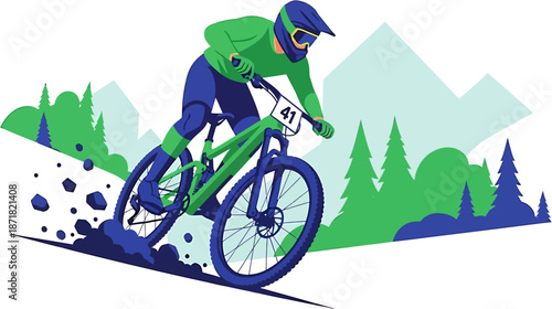 Dynamic vector illustration of an energetic mountain biker navigating a challenging downhill trail, kicking up dirt, embodying the thrill of extreme outdoor sport