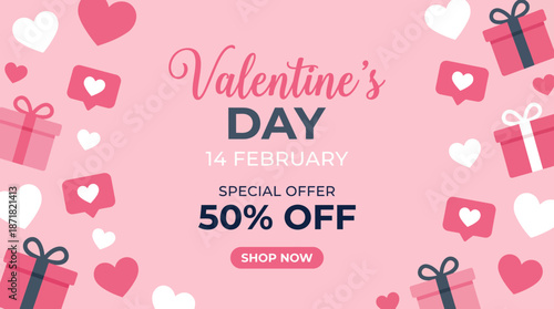 Valentine's Day sale banner featuring pink background, hearts and gift boxes with 50% off for online shoppers