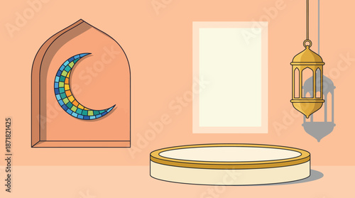 Pastel interior featuring a crescent moon stained glass in an arched alcove, a round pedestal table, a window, and a hanging lantern