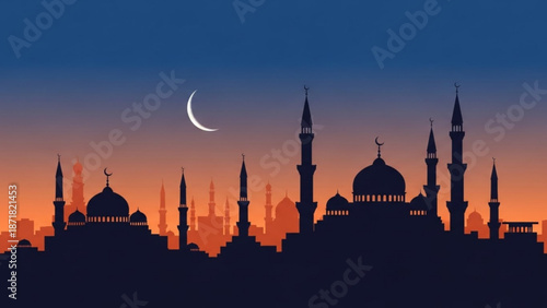 Mosque Silhouette with Crescent Moon at Sunset, Islamic Architecture, Ramadan Kareem
