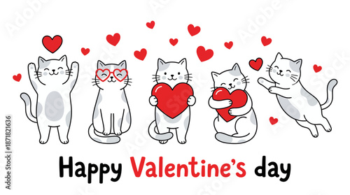 Five adorable cats with hearts celebrate Valentine's Day in a playful cartoon illustration suitable for greeting cards and gifts