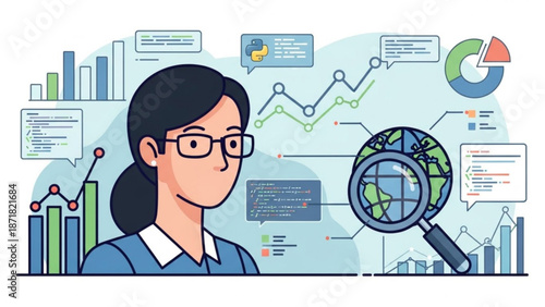 Businesswoman Analyzing Global Data with Magnifying Glass, Graphs and Charts in the Background