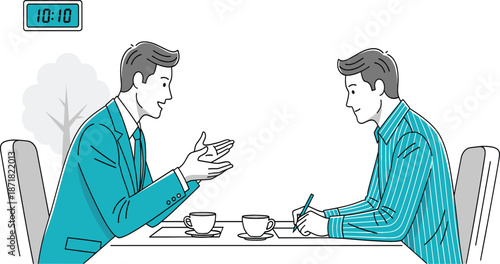 Two businessmen having a professional meeting and conversation over coffee at a cafe table, corporate interview and partnership negotiation line art illustration.