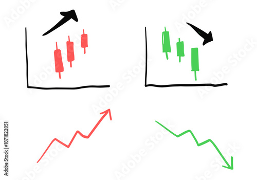 手書き風の株価チャートと投資・金融イメージ素材セット：上昇と下落のローソク足、折れ線グラフ、矢印などのビジネスイラスト。お金、資産運用、株式市場、FX、暗号資産の解説やブログに使いやすいおしゃれでポップなベクター素材。NISA