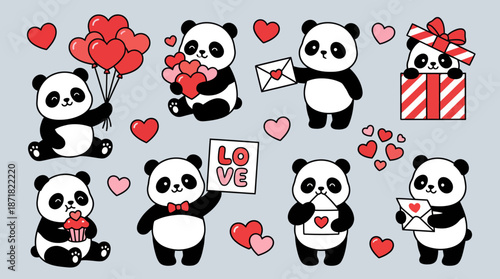 Adorable pandas with hearts, love signs, and gifts in a playful collage - cute panda characters for Valentine's Day, friendship, and kawaii fun.