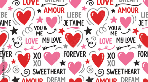 Seamless Valentine pattern with hand drawn hearts, romantic love phrases and doodles in red, pink and black on white background