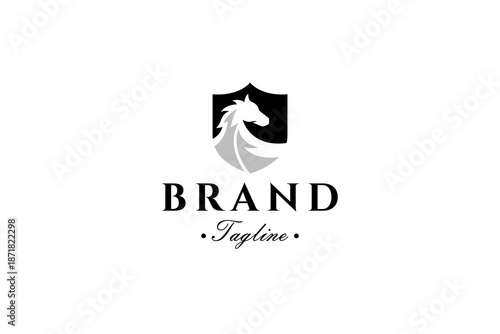 Horse logo with shield in flat vector design style