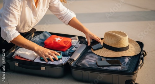 Traveler preparing her suitcase, ensuring all essentials including safety gear and technology are packed for an upcoming holiday journey.