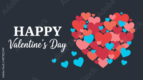 Happy Valentine's Day: Colorful heart collage forming a large heart on a dark blue background with cascading smaller hearts