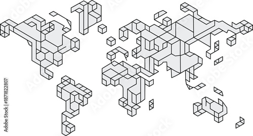 Isometric 3 D geometric shapes and structures in gray and white forming abstract interconnected patterns