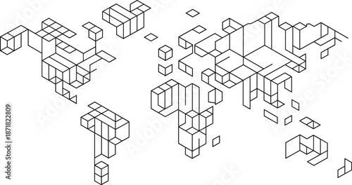 Isometric 3 D geometric shapes and cubes arranged in abstract scattered pattern on white background