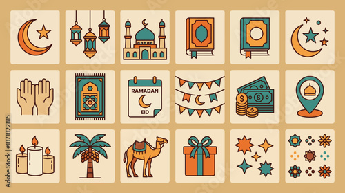 Desert-inspired vector collage of Middle Eastern icons including mosques, lanterns, arches, camels, palm trees, and travel motifs in warm beige, teal, and orange.