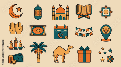 Ramadan icons collection featuring mosque, Quran, crescent moon, lanterns, prayer hands, Ramadan calendar, palm trees, camel, gifts, stars and festive banners.