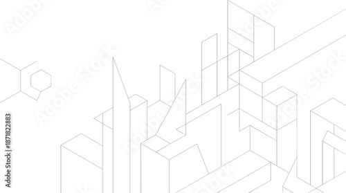 Isometric cityscape with geometric buildings and hexagonal structure in the background