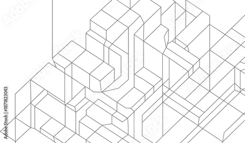 Isometric geometric shapes forming a complex abstract pattern with white background and black lines