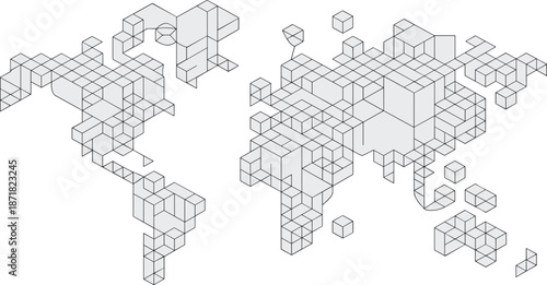 Isometric pixel blocks forming a map of the continents with scattered cubes around the