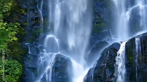 Majestic Cascading Waterfall Flowing Over Rocky Landscape in Lush Greenery. Seamless looping 4k video background 
