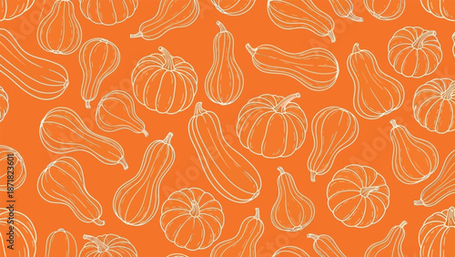 Pumpkin And Squash Pattern On Orange Background — Autumn Harvest Line Art Illustration