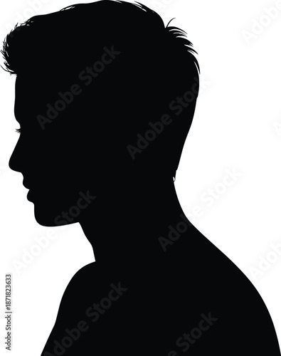Silhouette of a person with short hair looking to the side against a white background profile side view
