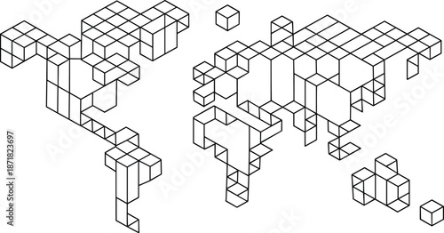 Isometric pixel structures with cubes forming complex geometric shapes and scattered individual cubes