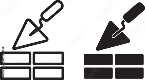 Bricklaying tools and masonry wall construction icons in black and white vector style