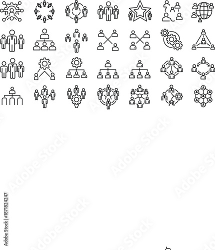 Teamwork and organization icon collection featuring networks, hierarchies, groups, collaboration, leadership, global teams, and management symbols