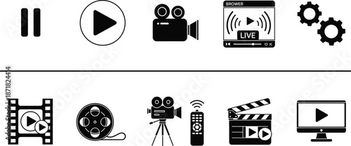 Video and media production icon collection featuring cameras, play buttons, film reels, clapperboards, streaming screens, and editing tools