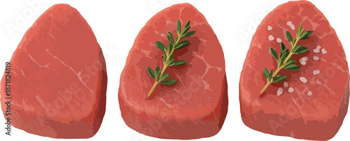 Three Raw Beef Steaks with Thyme and Salt raw meat