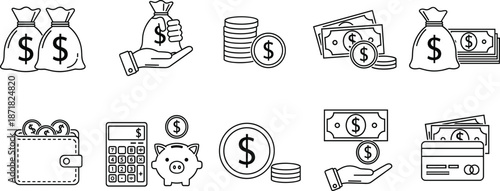 Money and finance icon collection featuring cash, coins, wallets, credit cards, piggy bank, calculator, and savings business symbols