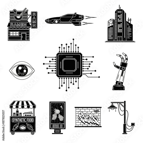 Bold futuristic cityscape with ramen shop, spaceship, bionic arm, and synthetic food vendor for modern urban lifestyle and technological advancement concepts