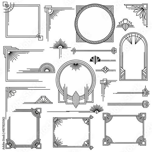 Elegant art deco frame and border collection for sophisticated design projects, perfect for invitations, posters, and luxurious creative layouts, timeless appeal