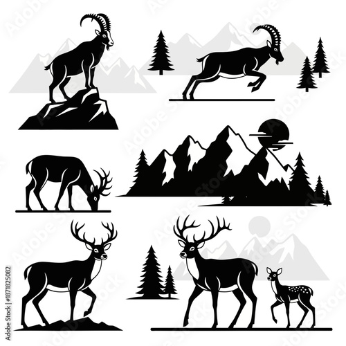 Majestic mountain animals in silhouette, ideal for nature-themed branding and designs, evokes wilderness adventures and outdoor spirit, ready to elevate your project