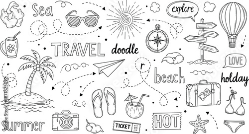 Fun travel doodle collection with beach elements, suitcase, compass, palm tree, camera, summer icons, and vacation adventure sketches