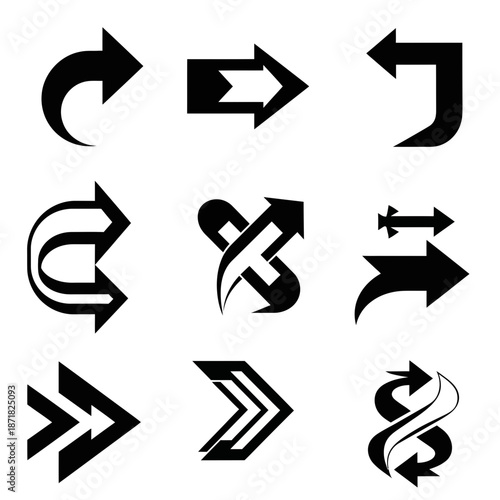 Dynamic arrow collection for navigation and direction, conveying motion and progress in a modern design, perfect for website icons and user interface elements