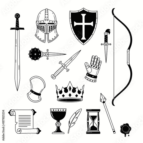 Epic medieval knight weaponry and royal symbols, perfect for historical designs, fantasy games, and majestic themed invitations and branding projects.