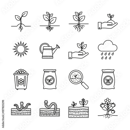Illustrative gardening icons showcasing seed growth, plants, and natural elements for ecological projects and sustainable living concepts beautifully designed