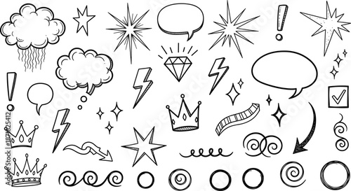 Comic doodle elements collection with speech bubbles, stars, lightning, crowns, swirls, icons, and expressive hand-drawn decoration designs
