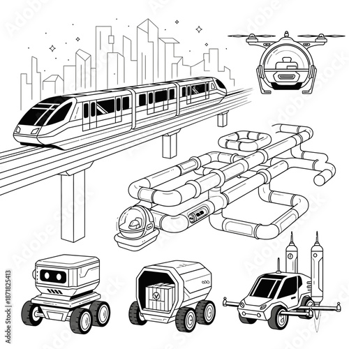 Futuristic transportation visions showcasing innovative drone taxis, automated delivery vehicles, and high-speed rail in a clean, modern line art style