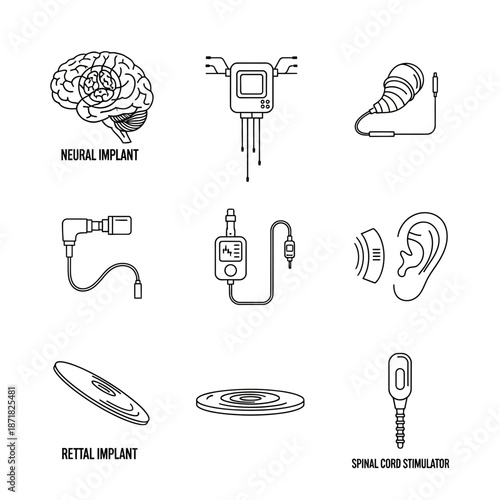 Modern medical implants for health, technology, and wellness in a minimalist line art style perfect for scientific presentations or innovative marketing materials