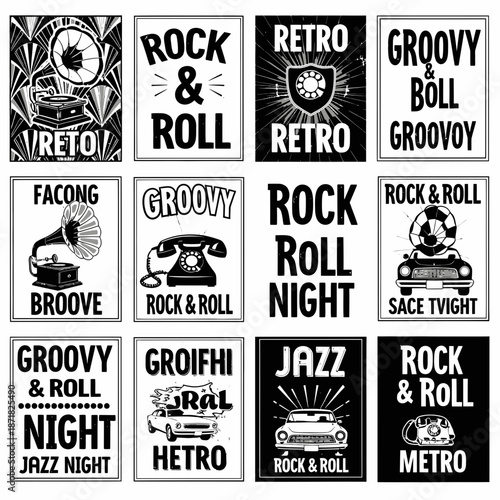 Retro rock and roll posters for vintage music events and groovy nights, perfect for jazz enthusiasts and classic car lovers with a black and white vibe
