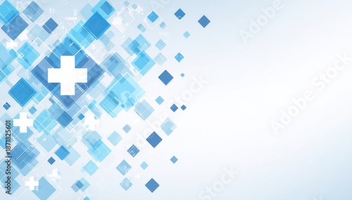 Dynamic Blue Geometric Abstract Background with White Medical Cross Symbol.