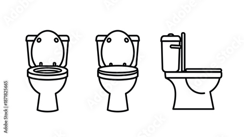 Three toilet designs in a simple black and white illustration silhouette