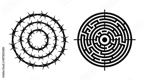 Intricate circular mazes in black and white a compelling visual silhouette
