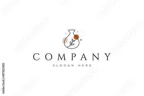 Flower vase pottery logo with minimalist line art design style in clay handicraft art