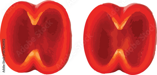 Two Halved Red Bell Peppers on White Background Keywords: bell pepper, red pepper, vegetable