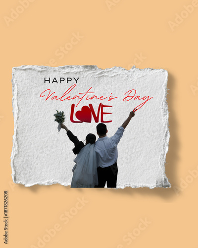 Silhouette couple on torn paper background Valentine's Day love concept