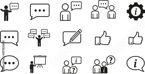 Communication and feedback icon set featuring chat bubbles, people, information symbols, questions, presentations, and approval gestures